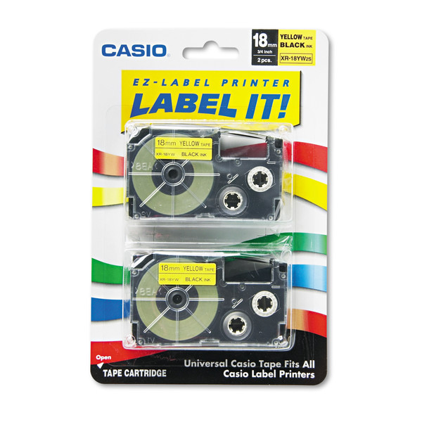 Casio Label Printer Cassette 0.71", Black On Yellow, Pk2 XR18YW2S